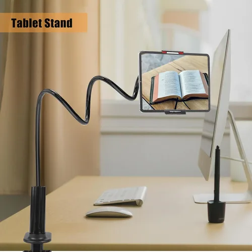 Vista 3 de Soporte para tableta para cama, soporte de cuello de cisne con clip flexible de brazo largo para tabletas, abrazadera de montaje en mesa, soporte