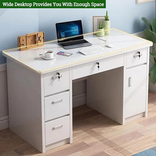 Vista 5 de Escritorio de oficina en casa con cajones, escritorio de madera para computadora, escritorio de tocador, mesa de estudio con almacenamiento