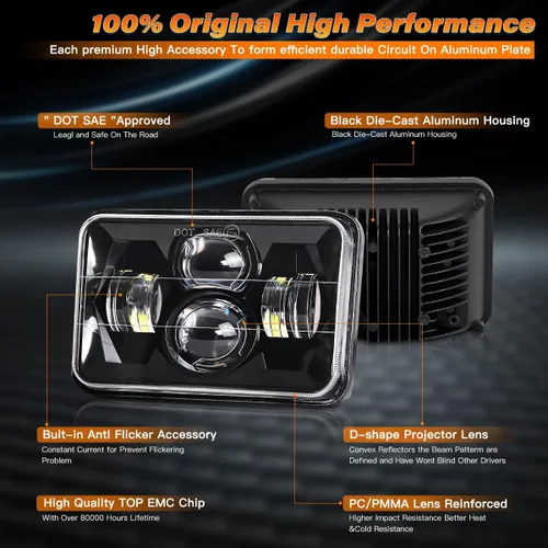 Vista 4 de Faros LED de 4 x 6 pulgadas con certificación DOT, 2 piezas, haz alto/bajo, rectangular, para camiones Kenworth T800, W900, Peterbilt, Oldsmobile