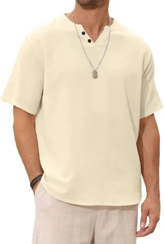 Vista 6 de Angbater Camiseta casual de lino Henley de manga corta para hombre, camiseta hippie de playa, camiseta ligera tropical para verano