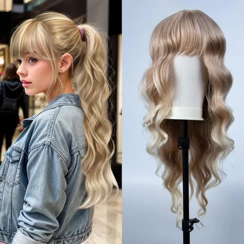 Vista 2 de Peluca rubia con flequillo de 26 pulgadas de largo, rizada, ondulada para mujer, pelucas rubias degradadas con flequillo, aspecto natural, pelucas