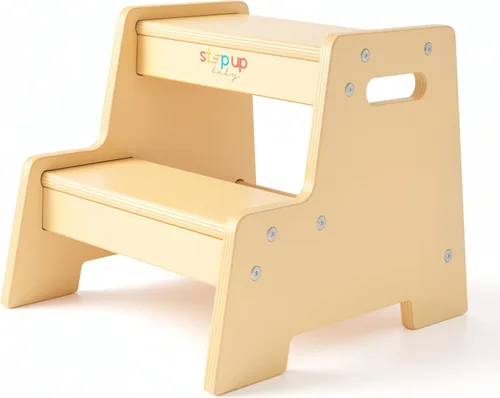 Vista 4 de Taburete de madera barnizado para niños – Taburete infantil de 2 pasos con asas, madera contrachapada de abedul, base antipunta y esquinas
