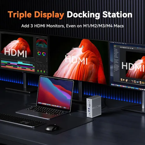 Vista 3 de TobenONE USB C Laptop Docking Station 3 Monitors, Triple 4K DisplayLink Dock with 120W Power Adapter, for MacBook M1-M5/Mac mini/Windows, 3X HDMI