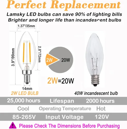 Vista 4 de Filamento LED con base de tornillo europea E14 con forma de bala C35, 2 W, blanco cálido 2700 K, equivalente a 20 vatios incandescente, no regulable