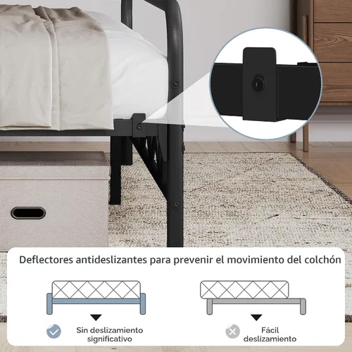 Vista 8 de YAHETECH - Base de cama metálica con cabecera y estribo de patrón de diamante, soporte de listones de acero resistente, almacenamiento debajo
