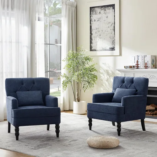 Vista 15 de HUIMO Silla de Club Acolchada, Silla de Acento con Almohada Lumbar, Sillón Tapizado con Botones, Sillas de Sofá de Tela de Lino para Dormitorio