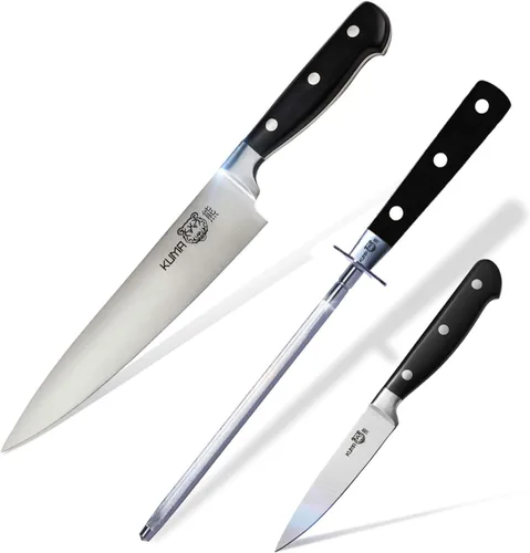 Vista 11 de KUMA Cuchillo de chef multiusos Pro Bolster Edition (juego de 3) – Cuchillo de chef de 8 pulgadas para tallar, cortar y cortar – Gran mango