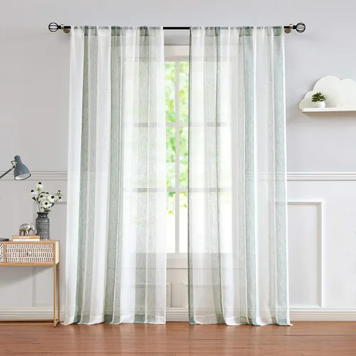 Vista 15 de Central Park Cortinas Transparentes de Rayas Beige y Blancas Estilo Granja de Lino Bouclé, Pares de Paneles de Cortina de Ventana Tejidos con Hilo