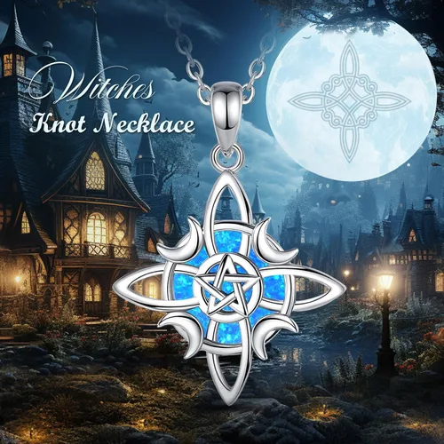 Vista 4 de EUDORA Collar de plata de ley S925 con nudo de brujas con tetragrammaton pentagrama, rueda de Hekate, Lilith Moon Witchy colgante para mujer