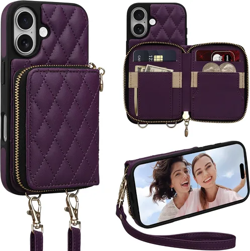 Vista 42 de Funda para iPhone 12 Pro/iPhone 12 de 6.1 pulgadas, cartera cruzada con cremallera para mujer, tarjetero con bloqueo RFID, funda de cuero con Negro