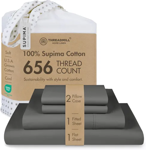 Vista 9 de Threadmill - Juego de sábanas tamaño individual 656 hilos 100% algodón Supima para colchón individual Juego de sábanas de satén sólido para cama