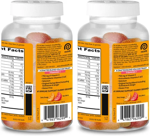 Vista 8 de Airborne 750mg Gomitas de vitamina C para adultos, gomitas de apoyo inmunológico con potentes antioxidantes, vitaminas C y E, sin cafeína - 2x63