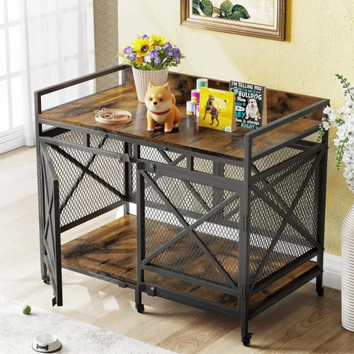 Vista 7 de COZPAW Jaula para perros de 48 pulgadas con ruedas, marrón Perrera extra grande para perros XL, mesa auxiliar de madera con barandilla, marco