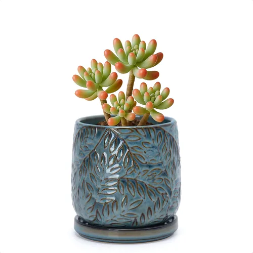 Vista 23 de D'vine Dev Maceta de gres con hojas en relieve de 4 pulgadas con orificio de drenaje y platillo, azul grafito, 27-A-Z-9 Nature-Inspired Leaf