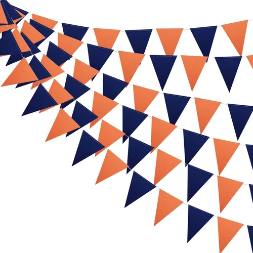 Vista 3 de Meetppy Paquete de 3 banderines de papel naranja y azul marino con purpurina de doble cara, banderines de papel triangulares, decoración colgante