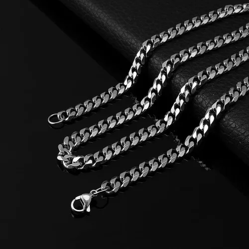 Vista 2 de OURSHYNE Collares de cadena de eslabones cubanos de acero inoxidable plateado para hombres joyería simple regalo para hombres mujeres niños y niñas