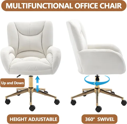 Vista 3 de Bonita silla de tocador con respaldo para dormitorio, silla de oficina de terciopelo blanco, cómoda para oficina, altura ajustable, giratoria de 360