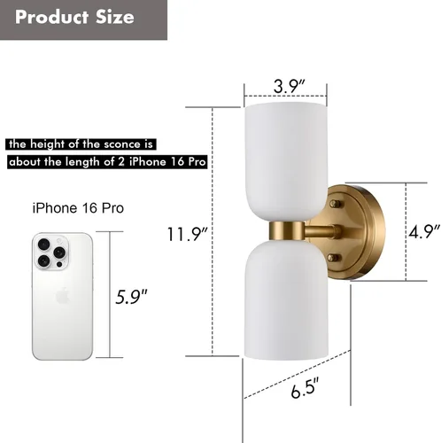 Vista 6 de CLAXY Lámpara de pared moderna de baño en oro con vidrio lechoso, accesorios de iluminación de baño con 2 luces regulables Dual E26 Based Cylinder