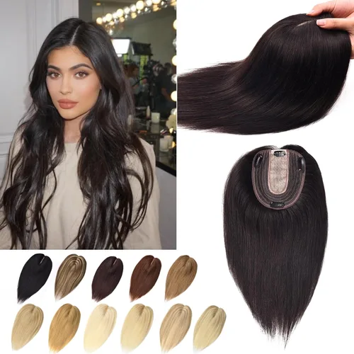 Vista 11 de Toppers de cabello humano real para mujeres con cabello delgado, 6 pulgadas, marrón oscuro