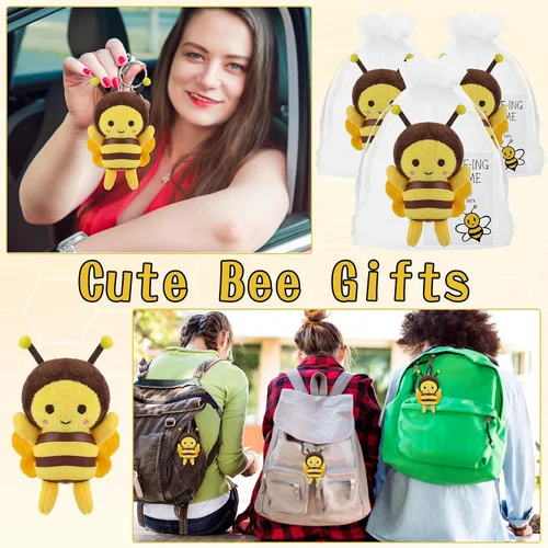 Vista 6 de RoundFunny 6 juegos de llaveros de abeja de peluche de 5 pulgadas con tarjetas inspiradoras y bolsas de organza para bodas, regalos de fiesta