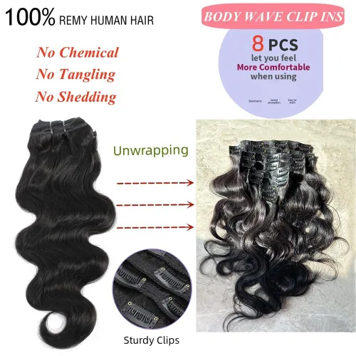 Vista 5 de Extensiones de cabello ondulado con clip, 8 piezas con 20 clips, 3.53 oz, 100 % sin procesar, extensiones de cabello humano Remy con clip, 18