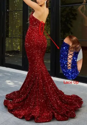 Vista 5 de Vestido de graduación, vestidos formales de sirena para mujer, vestidos de noche sin tirantes para mujer, lentejuelas brillantes