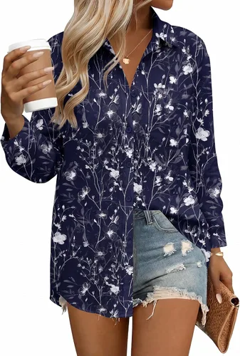 Vista 11 de HOTOUCH Camisas de manga larga con botones para mujer, blusas de lino y algodón, casuales, con cuello holgado, de gasa con bolsillo