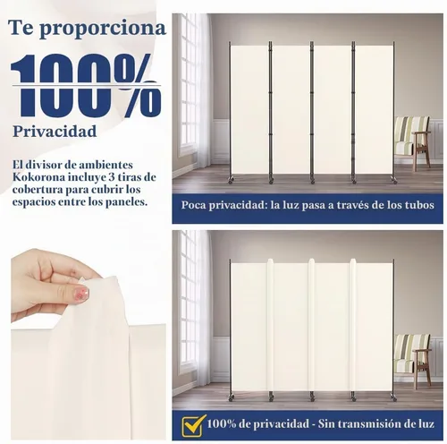 Vista 3 de Kokorona Divisor de habitación de 4 paneles, pantalla de privacidad enrollable de 6 pies de alto con ruedas con bloqueo, separadores de pared