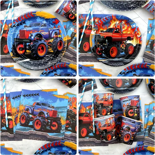 Vista 4 de KEFAN Suministros para fiesta de cumpleaños de Monster Truck, juego de decoraciones de fiesta de camión monstruo que incluye telón de fondo, platos