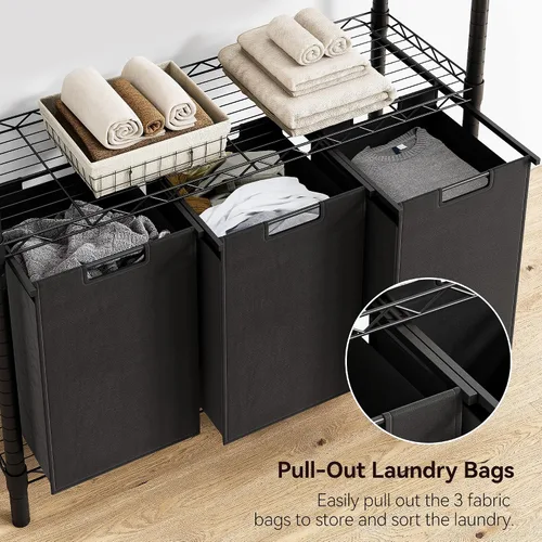 Vista 4 de GAOMON Cesta de lavandería, organizador multifuncional para lavandería, clasificador de lavandería con bolsas extraíbles y asas reforzadas, estante