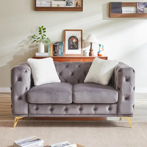 Vista 8 de KEIKI Sofá Chesterfield de terciopelo de lujo extragrande de 61 pulgadas con 2 almohadas, estilo mediados de siglo, sofá de 2 plazas con botones