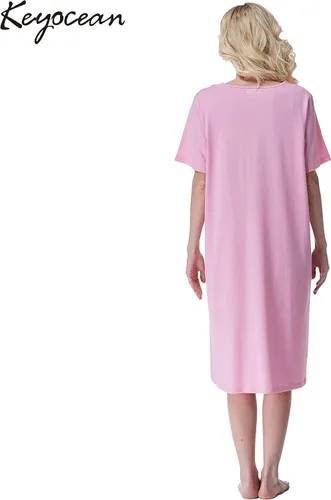 Vista 2 de Keyocean - Camisón de algodón para mujer, suave, cómodo, ligero, manga corta, vestido de casa, ropa de dormir, ropa de sala para verano.