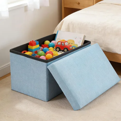 Vista 6 de HOZEON 3 Pack 15.7 x 9.8 x 9.11 Inches Folding Storage Ottoman, Blue Rectangle Footrest Seat, Multifunctional Foot Stool for Living Room, Office