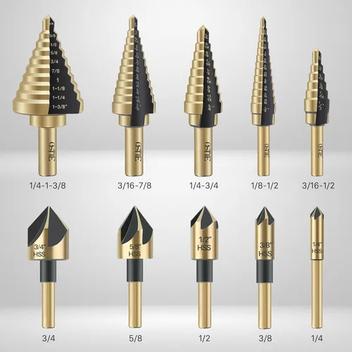 Vista 2 de Paquete de 5 brocas escalonadas y 5 brocas avellanadas, 50 tamaños de brocas con revestimiento de titanio HSS para metal, acero inoxidable