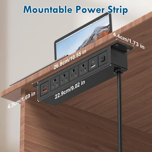 Vista 6 de Regleta de alimentación 8 en 1 para debajo del escritorio con interruptor, 4 tomas, 4 USB, cable de 6 pies, 14 AWG USB C de 20 W, 18 W USB A