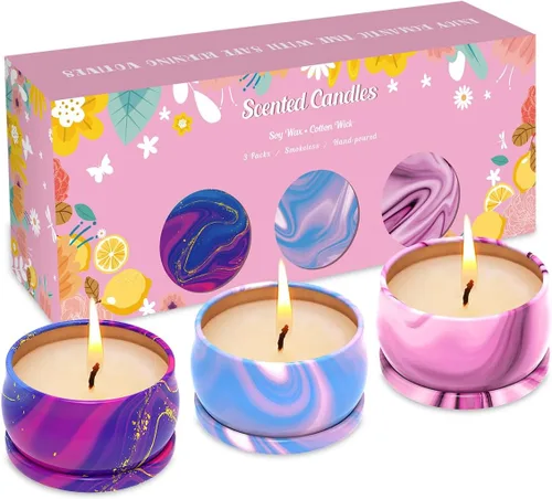 Vista 15 de Paquete de 3 velas decorativas pequeñas perfumadas, aroma fuerte de bergamota y vainilla y bayas negras de San Diego, velas de soja, no tóxicas
