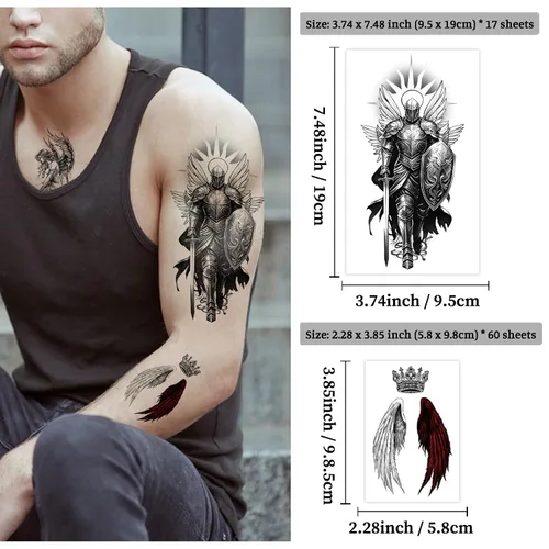 Vista 7 de 77 hojas de tatuajes temporales para mujeres y hombres, 17 hojas de tatuajes falsos grandes de ángel negro y diablo, 60 hojas de alas de corazón