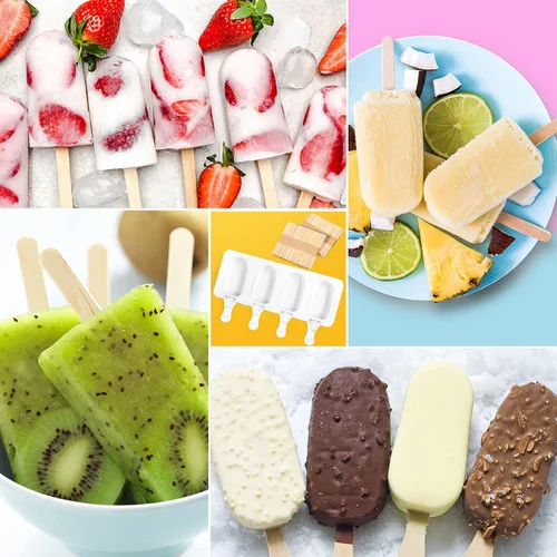 Vista 4 de Molde de silicona para helado de 4 cavidades, moldes para hornear con 200 palitos para golosinas caseras (estilo clásico)