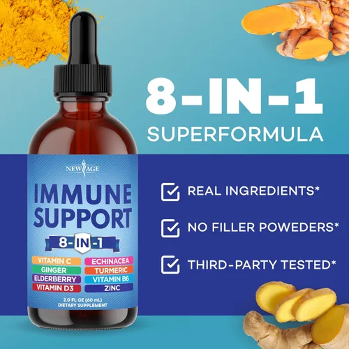 Vista 4 de NEW AGE Gotas líquidas de apoyo inmunológico 8 en 1 – Baya de saúco, curcumina de cúrcuma, equinácea, jengibre, vitaminas C y D3, zinc y B6 – Apoyo