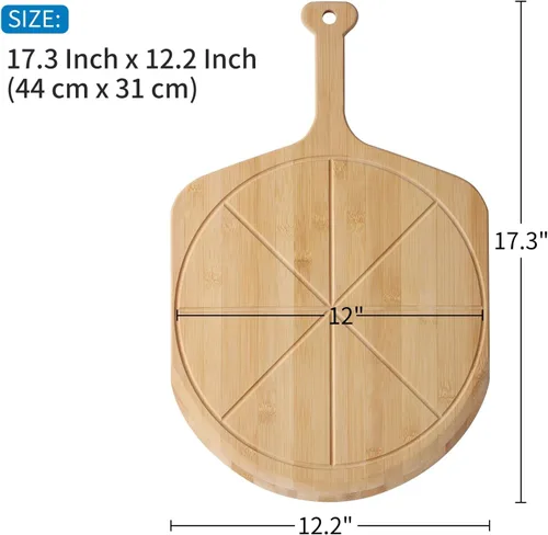 Vista 2 de Fiery Chef Pala de pizza de bambú de 12 pulgadas, tabla de cortar de madera ligera y lisa con 8 ranuras para rebanadas, accesorios para horno