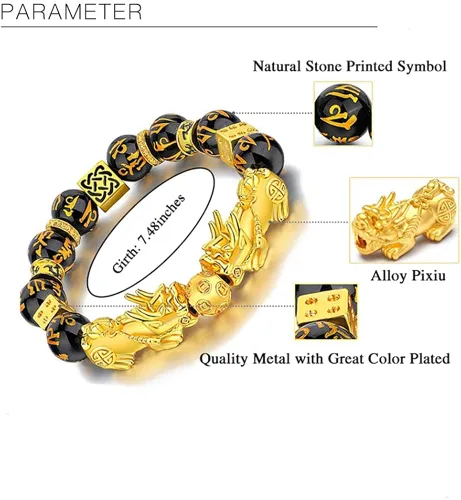 Vista 3 de poceton Feng Shui Pixiu Pulsera 3 Set, Buena suerte Pixiu Colgante Collares, Negro Obsidiana Feng Shui Riqueza Pulseras y ajustable tallado a mano