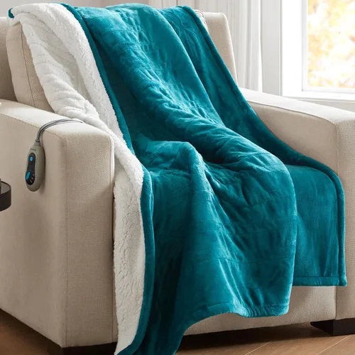 Vista 32 de Beautyrest Manta térmica, manta eléctrica, suave, cálida y reversible, manta térmica Sherpa para oficina, sofá, 3 ajustes de calor, apagado
