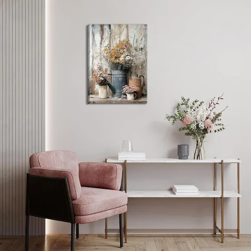 Vista 8 de Lienzo rústico con margaritas y margaritas, arte de pared, pintura campestre neutra, decoración de pared, flores, naturaleza muerta, botánica
