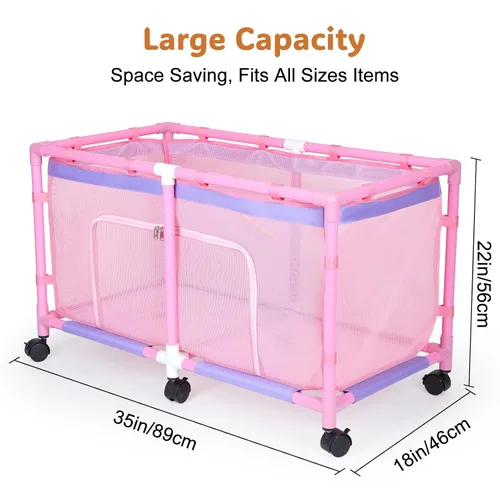 Vista 7 de FIOBEE Caja de juguetes para niñas y niños con malla transparente y ruedas giratorias de 360°, organizador de pecho de juguetes, fácil de instalar