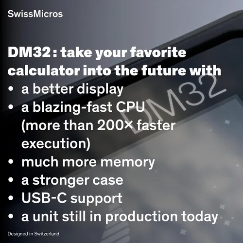 Vista 4 de SwissMicros Calculadora RPN DM32: software HP 32SII, carcasa de acero inoxidable 316L, solucionador de ecuaciones integrado y USB-C