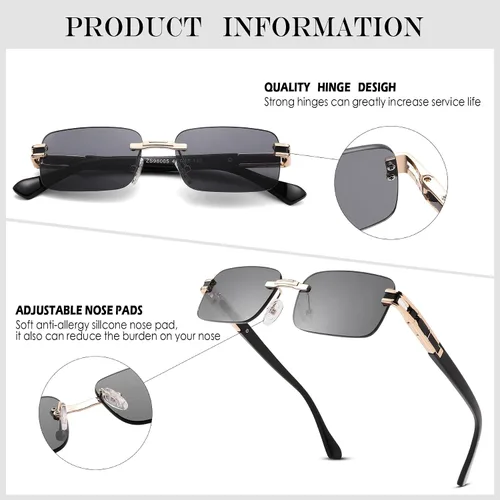 Vista 5 de Hycredi Gafas de sol rectangulares sin montura para mujeres y hombres, sin marco, pequeñas gafas cuadradas tintadas de los años 90