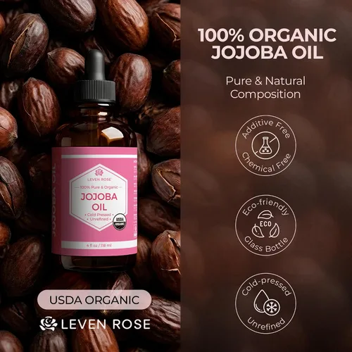 Vista 2 de Aceite de jojoba de Leven Rose: 100 % orgánico, natural, sin refinar y prensado en frío, de 4 onzas para cabello, piel y uñas, 4U-BG76-6IYG, 1, 1