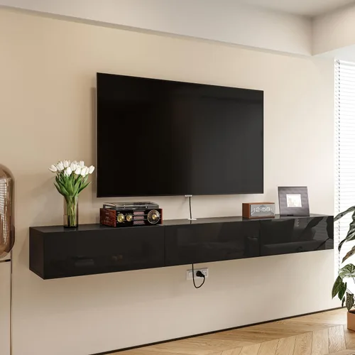 Vista 2 de FurniNova Soporte flotante para TV con 3 puertas, moderno mueble flotante para consola de TV con almacenamiento, estante flotante de madera Negro