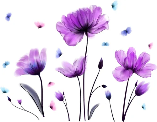 Vista 6 de Pegatina de pared de flores, diseño floral morado, calcomanías de pared de mariposa extraíbles, autoadhesivas, mural para guardería, dormitorio Flor