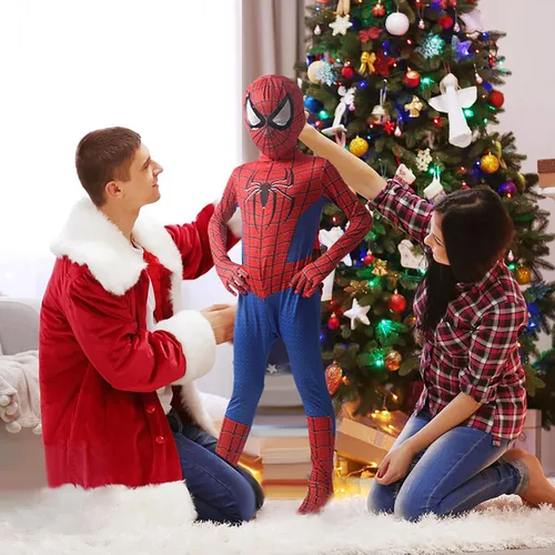 Vista 5 de SUCADA Disfraz de arañas para niños, disfraz de superhéroe 3D, disfraz de elastano para niños, fiesta de Navidad